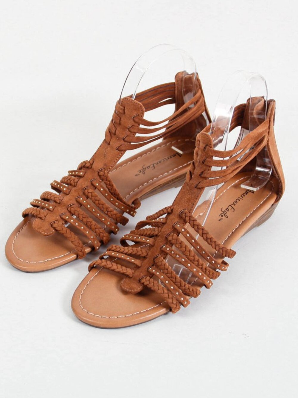 American Eagle Brown Braided Gladiator Sandals Size 8 Back Zip Studded Boho